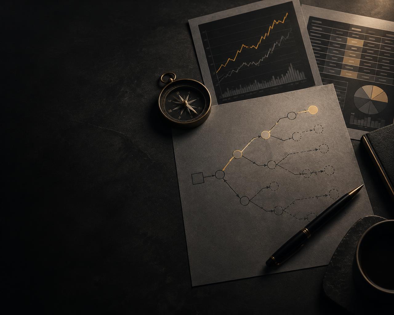 Mesa escura com relatórios financeiros, gráficos e uma árvore de decisão com um caminho destacado em dourado, ao lado de uma bússola